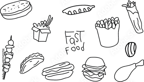 Hand-drawn Fast Food Collection. Simple doodle fast food sketch set for menu and restaurant design