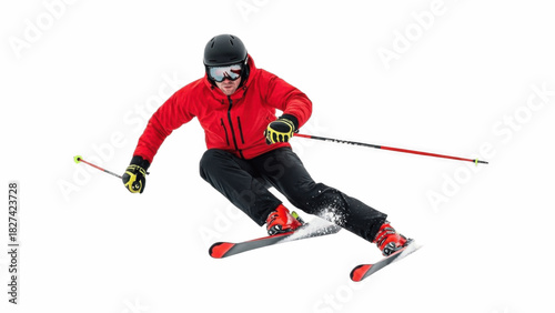Aggressive alpine skier in red jacket, black pants and helmet carving dynamic turn on skis against white background, showcasing speed, edge control, balance and exciting downhill winter sport action

