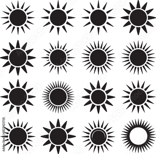 Collection of Different Sun Vector Graphics Black and White Illustration