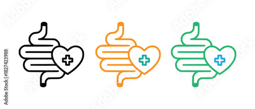 Gut protection, safety and normalization of digestion, linear icon set. The intestine and the checkered shield. Line with editable stroke