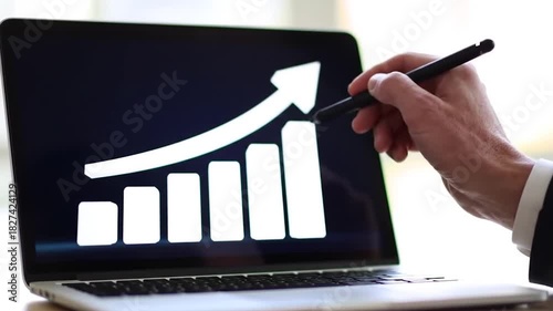 Interactive Data Analysis with 3D Growth Graph. Business Professional Using Stylus on Laptop Chart. Success Metrics and Positive Trend Visualization.