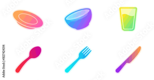 Colorful stylized cutlery and dishware icons on black background