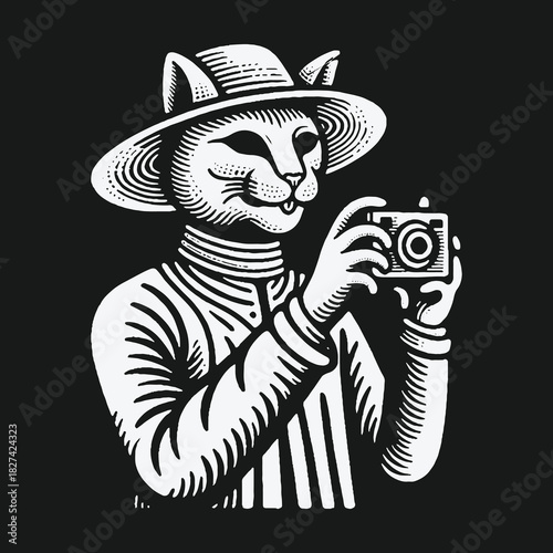 Anthropomorphic cat photographer in a hat holding a vintage camera.