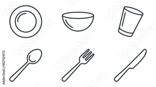 Minimalist cutlery and dishware icons on black background