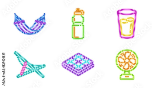 Neon summer icons leisure relaxation drink recreation illustration