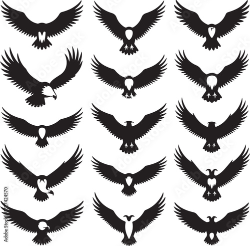 Collection of eagle silhouettes in flight representing freedom and power