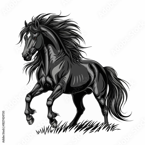 Majestic Black Horse Galloping with Flowing Mane and Tail.