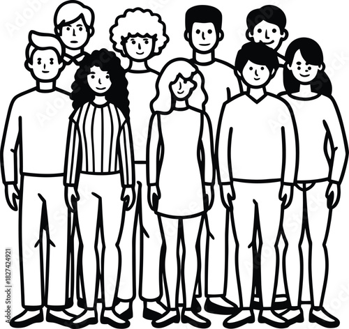 Diverse Group of People Standing Together in Outline Style 