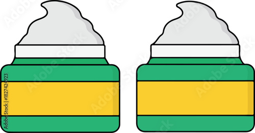 Two green cosmetic cream jars with yellow labels isolated on