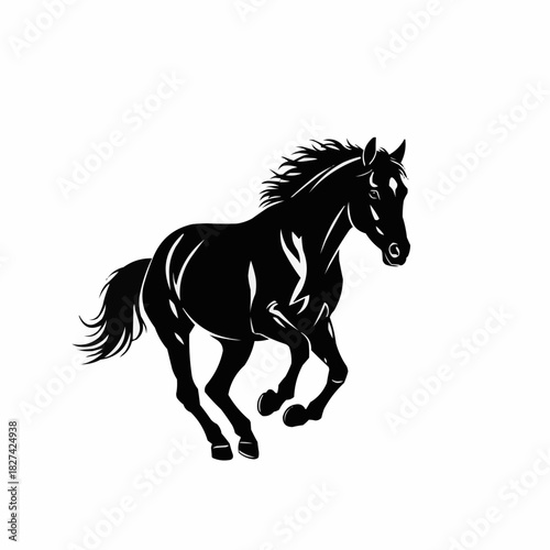 Elegant black horse galloping gracefully across a white background.
