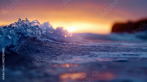 Fototapeta Naklejka Na Ścianę i Meble -  Close-up of a wave cresting with water droplets, reflecting the warm colors of a sunset over the ocean. The image captures the movement and texture of the water
