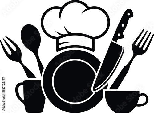 Chef Hat Plate Knife Spoon Fork and Cup Icons vector