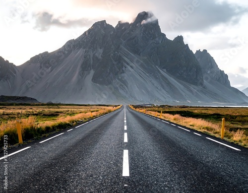 Long asphalt road leading towards imposing, misty mountain range