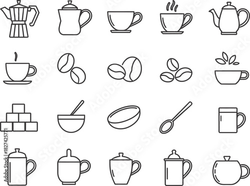 Coffee and Tea Icons Line Art Collection vector illustration
