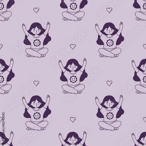 Seamless Pattern with Cute Meditating Girl. Happy Female Character Practicing Yoga on purple background. Outline Hand-Drawn Doodle. Vector Illustration. Not AI