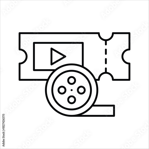 Minimalist line art icon representing a movie ticket and film reel, perfect for cinema, entertainment, and video streaming concepts