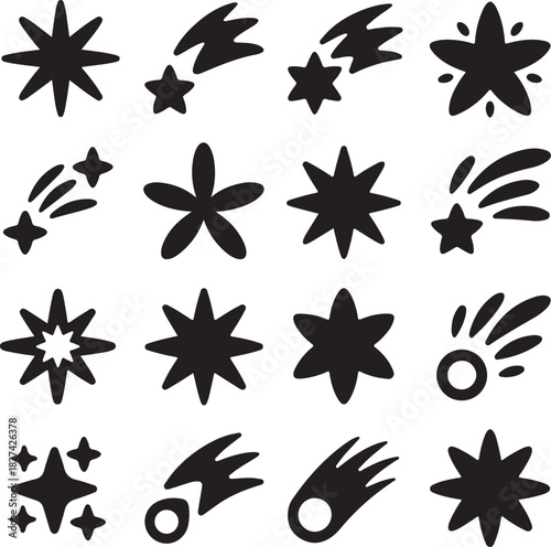 Collection of hand drawn stars comets and celestial bodies in black