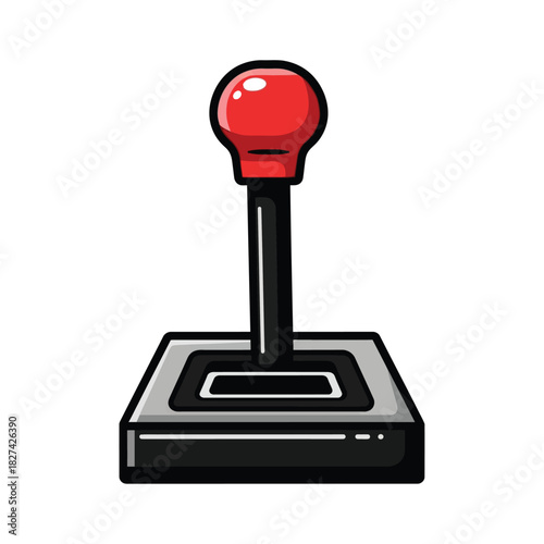 Classic arcade game joystick with a vibrant red top and a sleek black shaft on a gray base, representing vintage gaming entertainment, retro console play, and digital fun