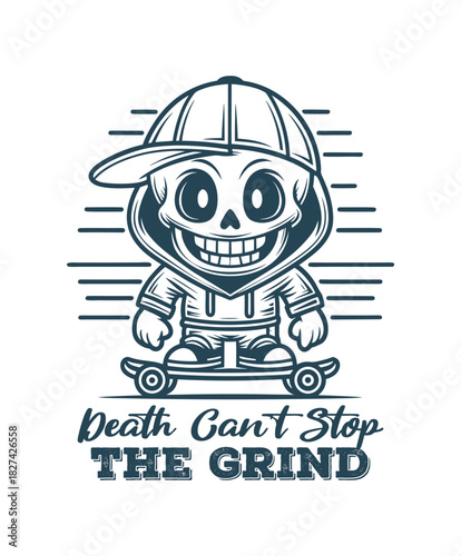Cute Skeleton Skateboarding Urban Grind Street Style with Hoodie and text death cant stop the grind Vector Illustration.