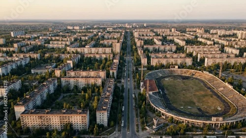 Aerial view of abandoned Pripyat city with empty stadium and buildings