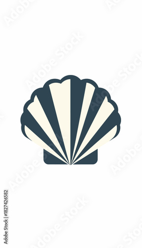 Stylized illustration of a scallop shell with alternating dark blue and cream colored sections.