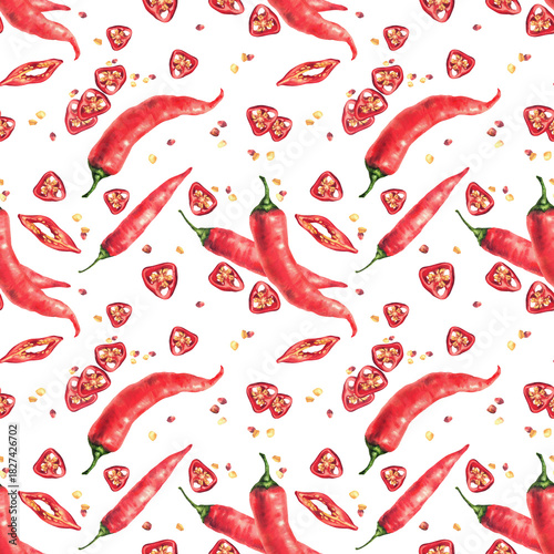 Watercolor chili pepper seamless pattern. Red whole vegetables and cut pods round sliced with seeds. Realistic hand painted illustrations. Hot spice design for food fabric on Isolated white background