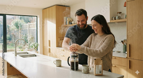 Smiling couple preparing coffee together in a bright modern kitchen. A man and woman stand at the counter using a French press in a warm, natural light interior.