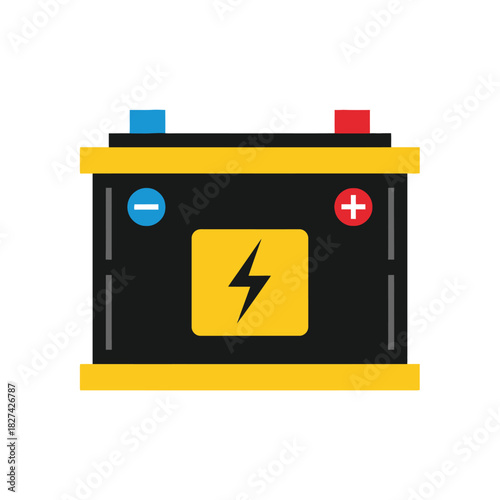 Automotive battery icon illustration showing electrical energy storage for vehicle ignition and power supply, with positive and negative terminals, isolated on white background