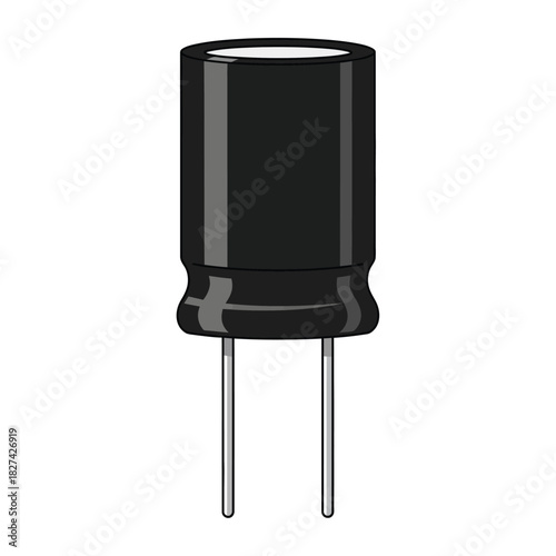 Black cylindrical electrolytic capacitor, an essential electronic component with two leads, used for storing electrical energy in various circuits, depicted as a detailed isolated illustration.