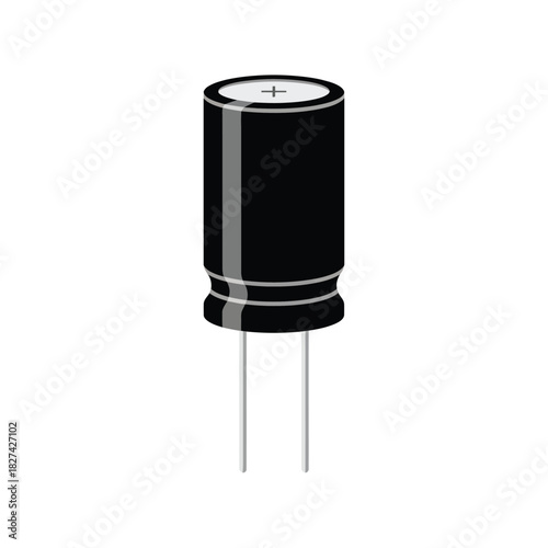 Black electrolytic capacitor illustration. essential electronic component for circuit boards, power supply, energy storage, signal filtering, and smoothing. two leads, positive polarity symbol.
