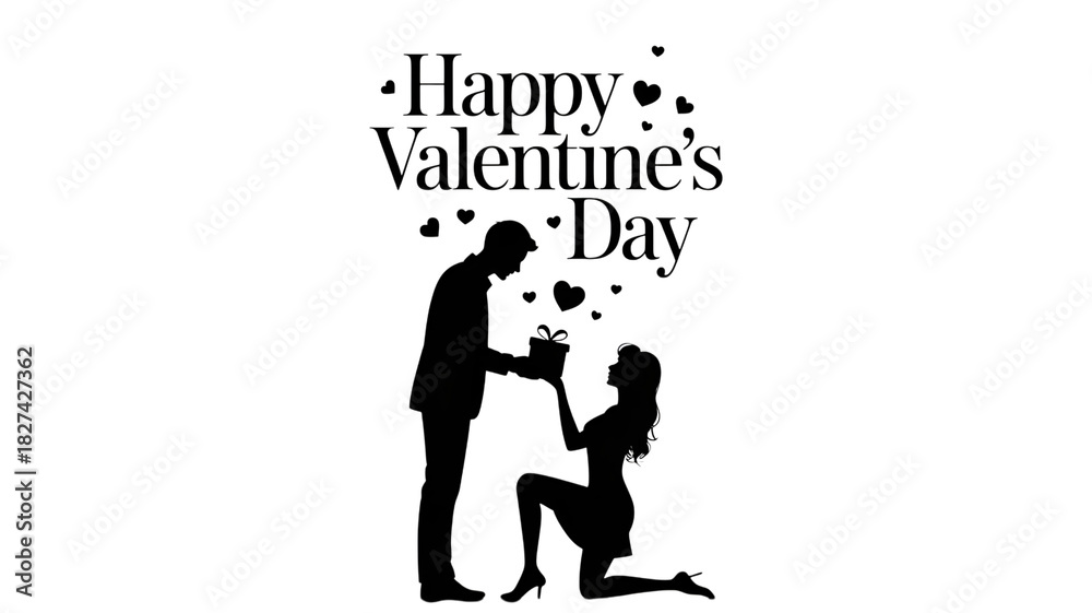 Fototapeta premium Happy valentines day text with a romantic silhouette of a couple, isolated on transparent background