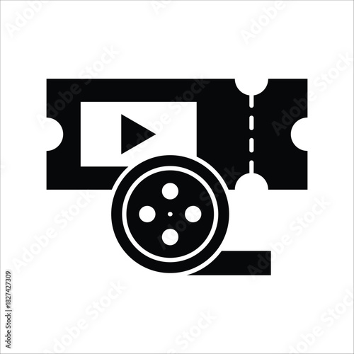 Capturing the essence of digital entertainment and cinematic experiences with a film reel, play button, and a classic movie ticket icon