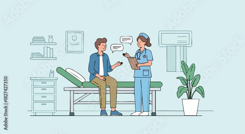 Nurse and Male Patient Engaged in a Consultation and Discussion in a Clinic Examination Room.