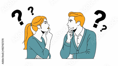Puzzled Minds Two Individuals Contemplating Decisions with Question Marks, Representing Dilemmas, Enigmas, Uncertainties, and the Quest for Answers