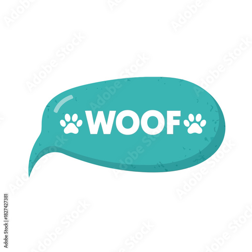 Woof" dog sound effect speech bubble with paw prints in a vibrant teal blue tone, perfect for representing canine communication, pet interactions, animal noises, and playful, friendly pet expressions.