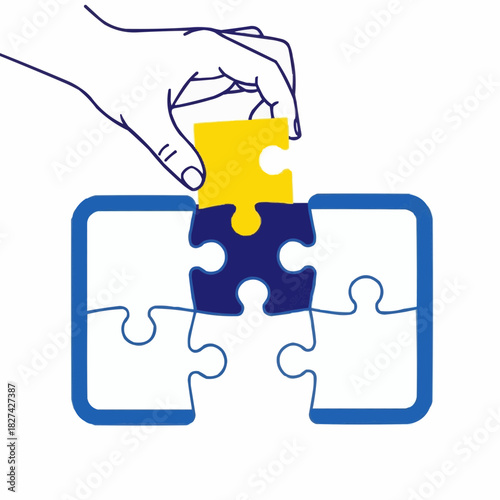 Completing The Puzzle Hand Placing The Final Piece, Illustrating Solution, Connection, Integration & Success in Teamwork and Problem-Solving Visual Representation