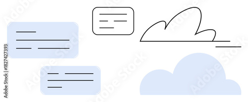 Speech bubbles and cloud motifs arranged in a clean layout. Ideal for messaging, ideas, connection, teamwork, creativity, communication, and cloud technology. Simple flat metaphor