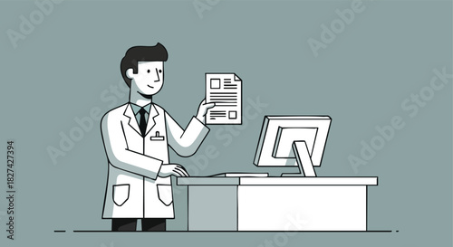 Male Doctor Reviewing a Patient's Medical Document or Lab Results near a Desktop Computer.
