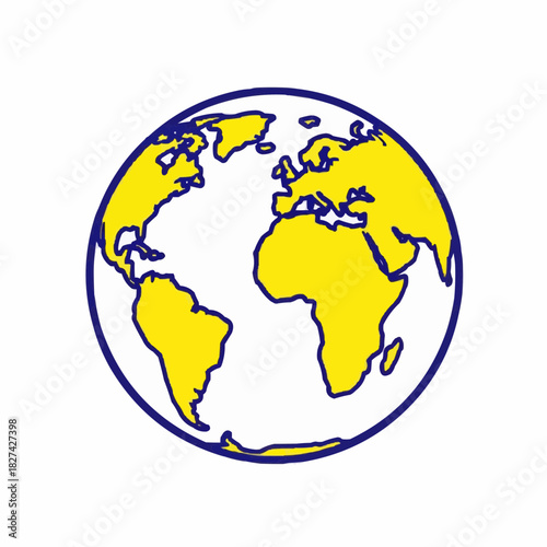 Yellow Globe Illustration A Detailed Map Depicting Continents Across the World, Illustrating Earth's Landmasses and Geography in a Clean, Stylized Design