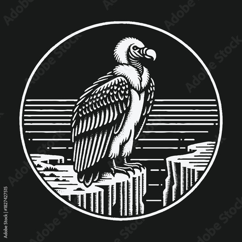 Monochrome Vulture Perched on a Rocky Cliff Linocut Style.