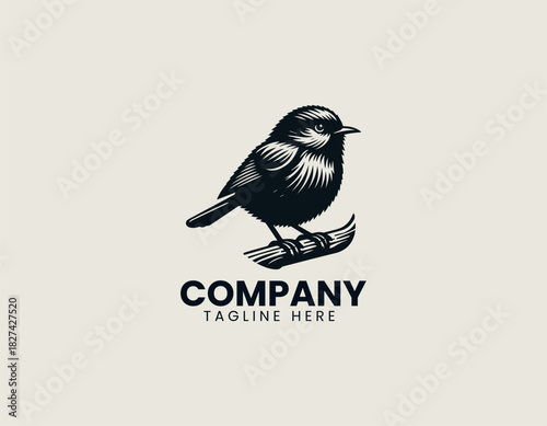 New Zealand rock wren perched proudly on rugged alpine stone in a clean black vector illustration logo