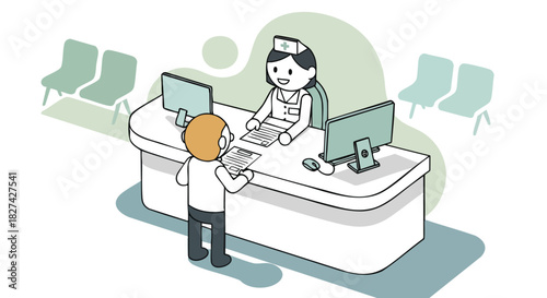 Patient Registering and Submitting Paperwork at a Medical Clinic Reception Desk with a Smiling Nurse.