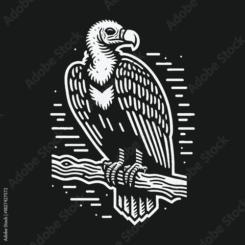 Stylized vulture bird of prey black and white vector art.