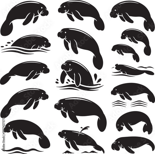 Collection of Manatee silhouettes in various poses and interactions with water