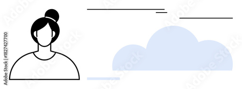 Woman silhouette with hair bun next to simple blue cloud and subtle lines. Ideal for communication, technology, creativity, connection, data storage, mindfulness, simplicity. Modern flat metaphor