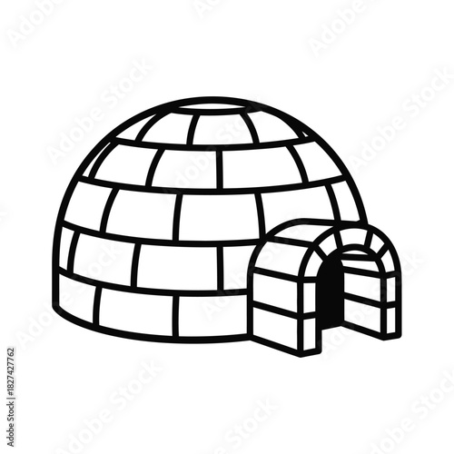 An outline icon illustration of a traditional igloo snow house with an entrance tunnel, representing winter, cold climates, arctic living, shelter, and survival in extreme environments.