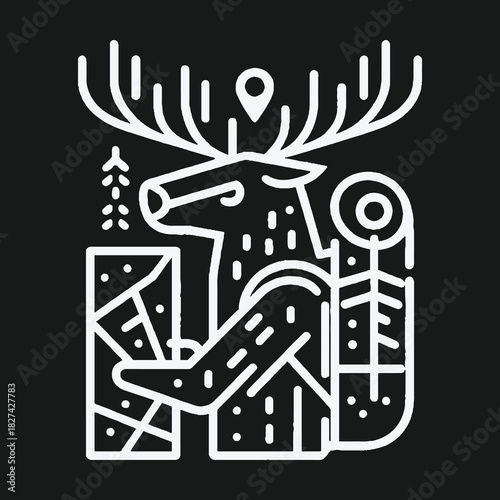 Stylized geometric deer with map and location pin line art illustration.