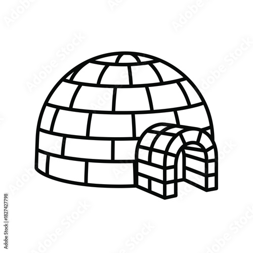 Minimalist black outline vector icon illustration of an igloo, a traditional ice block dwelling or snow house found in arctic regions, representing winter, cold, shelter, and polar climates.