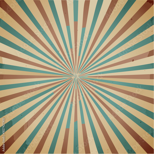 Vintage sunburst pattern with distressed texture, radiating rays in teal and brown, creating a retro circus or carnival aesthetic background for festive events and promotions