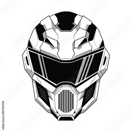 Futuristic sci-fi robot helmet vector illustration, advanced military combat gear or space trooper headwear with a sleek visor and protective design, embodying modern technology and digital defense